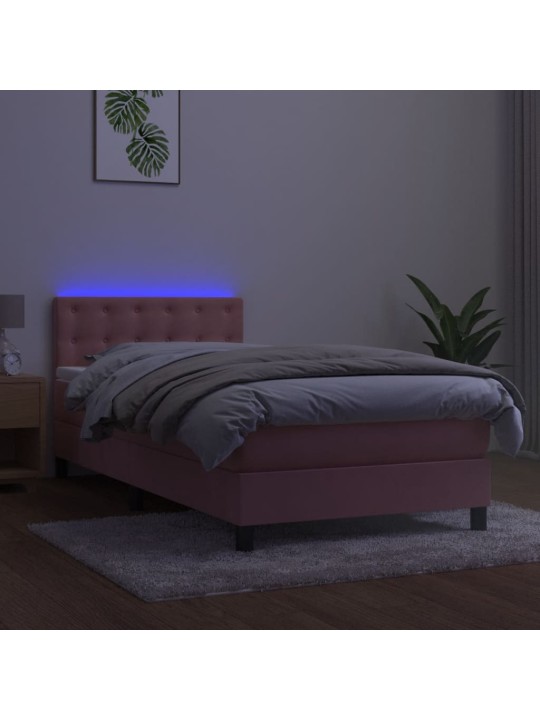 Atsperu gulta ar matraci, LED, rozā samts, 80x200 cm