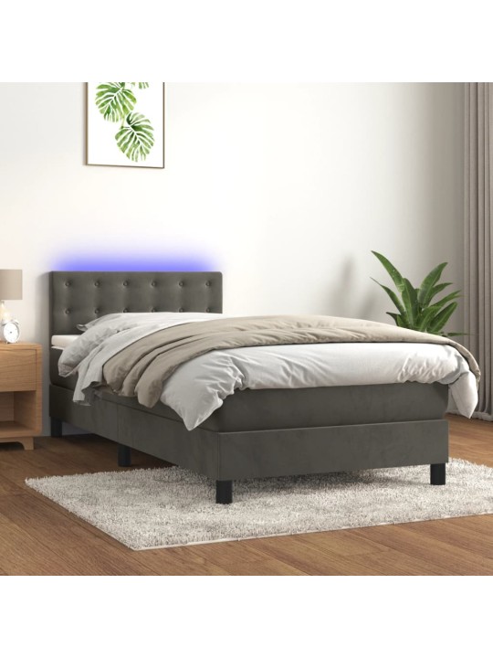 Atsperu gulta ar matraci, LED, tumši pelēks samts, 90x190 cm