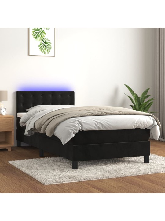 Atsperu gulta ar matraci, LED, melns samts, 90x190 cm