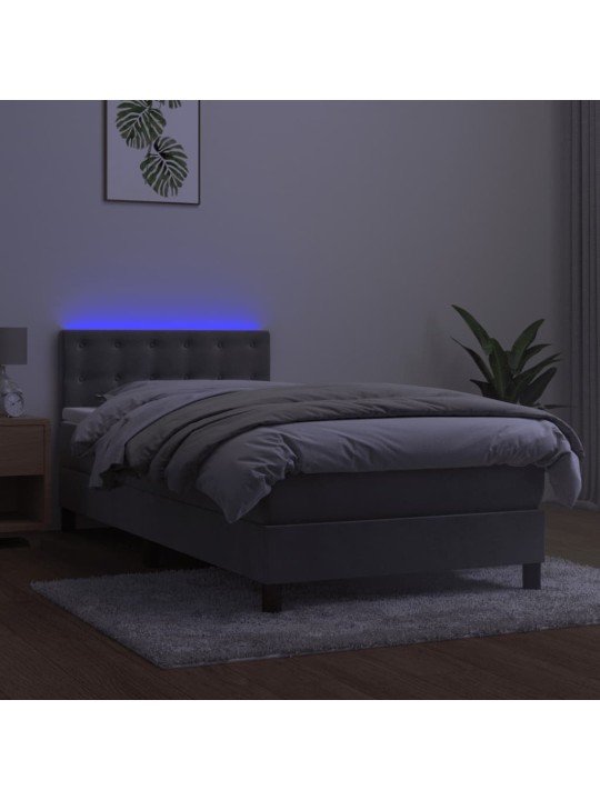 Atsperu gulta ar matraci, led, gaiši pelēks samts, 90x200 cm