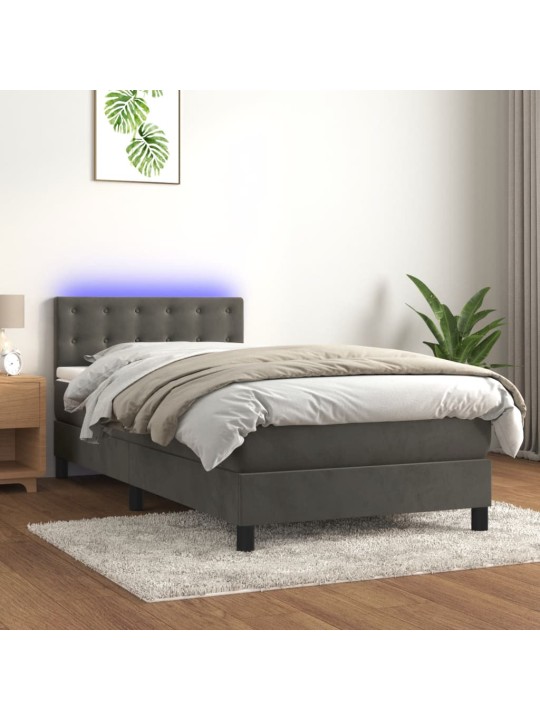 Atsperu gulta ar matraci, LED, tumši pelēks samts, 100x200 cm