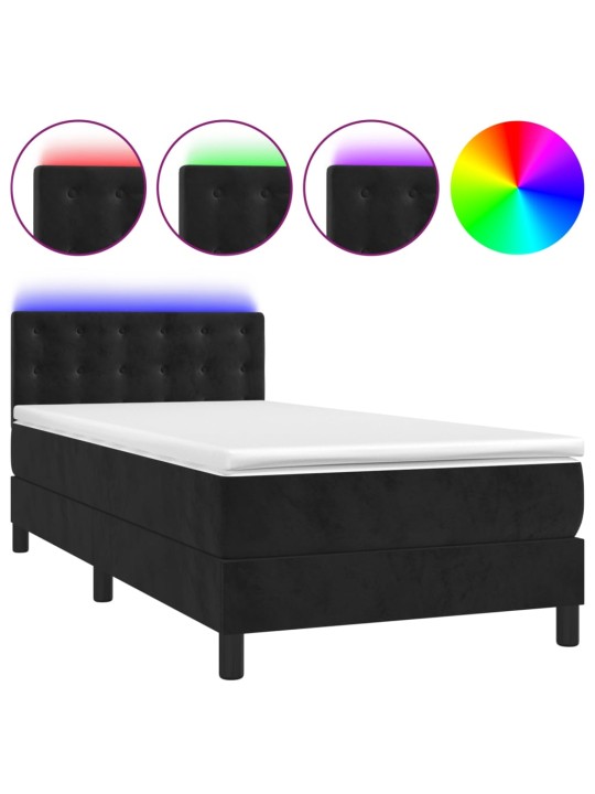 Atsperu gulta ar matraci, LED, melns samts, 100x200 cm
