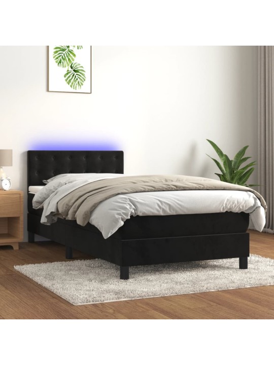 Atsperu gulta ar matraci, LED, melns samts, 100x200 cm