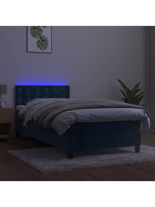 Atsperu gulta ar matraci, LED, tumši zils samts, 100x200 cm