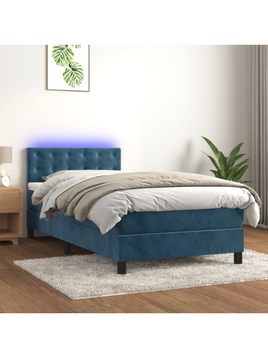 Atsperu gulta ar matraci, LED, tumši zils samts, 100x200 cm