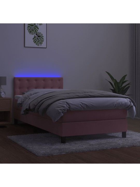 Atsperu gulta ar matraci, led, rozā samts, 100x200 cm