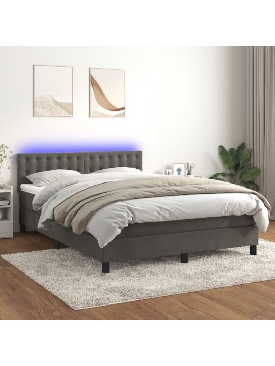 Atsperu gulta ar matraci, LED, tumši pelēks samts, 140x190 cm