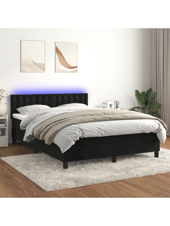 Atsperu gulta ar matraci, LED, melns samts, 140x190 cm