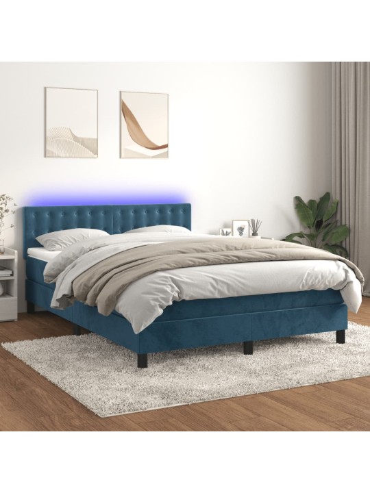 Atsperu gulta ar matraci, LED, tumši zils samts, 140x190 cm