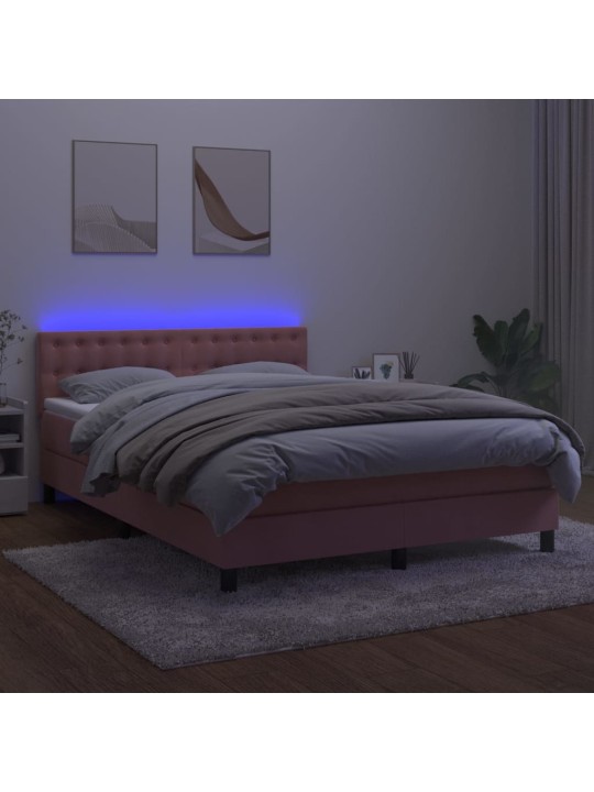 Atsperu gulta ar matraci, LED, rozā samts, 140x190 cm