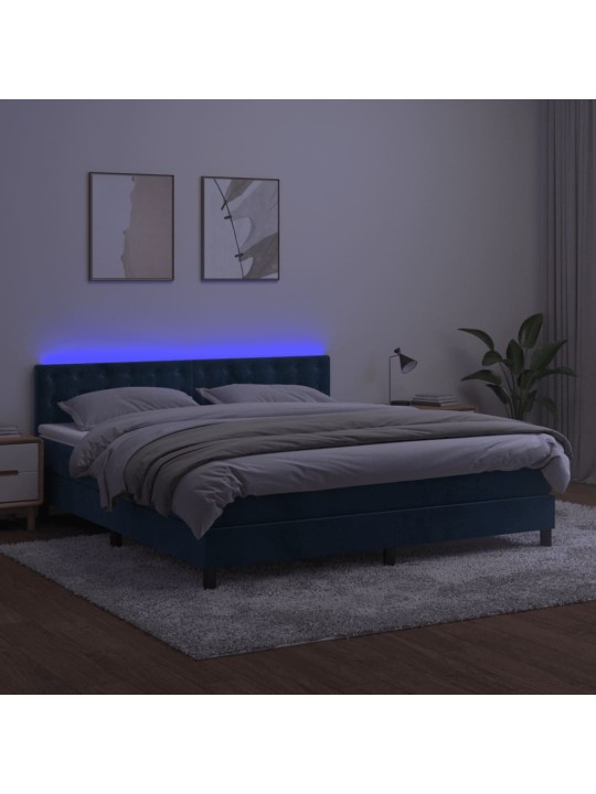 Kontinentālā gulta ar matraci, LED, tumši zils samts, 160x200 cm