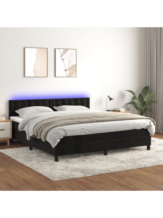 Atsperu gulta ar matraci, LED, melns samts, 180x200 cm