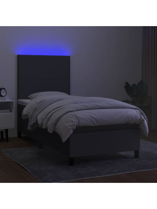 Atsperu gulta ar matraci, LED, tumši pelēks audums, 90x200 cm