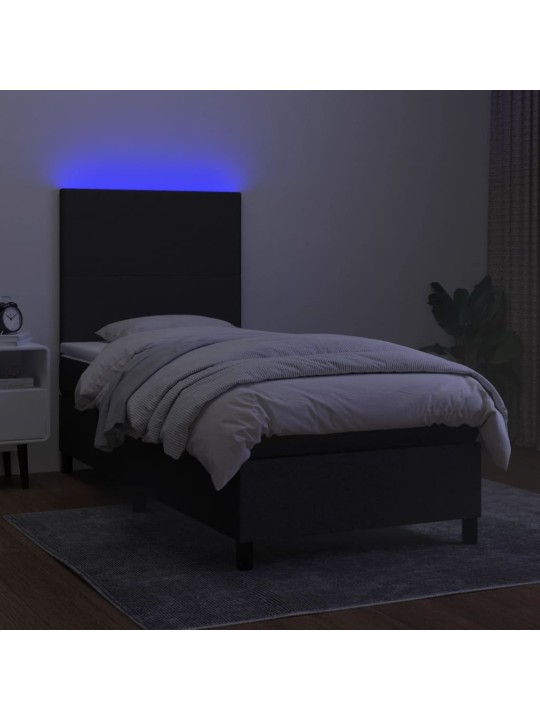 Atsperu gulta ar matraci, LED, melns audums, 90x200 cm