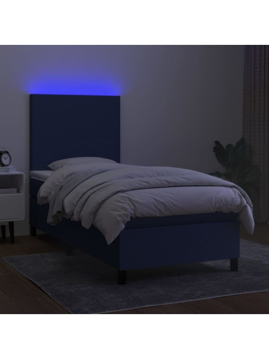 Atsperu gulta ar matraci, LED, zils audums, 90x200 cm