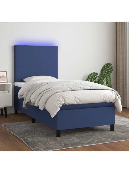 Atsperu gulta ar matraci, LED, zils audums, 90x200 cm
