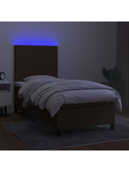 Atsperu gulta ar matraci, LED, tumši brūns audums, 100x200 cm