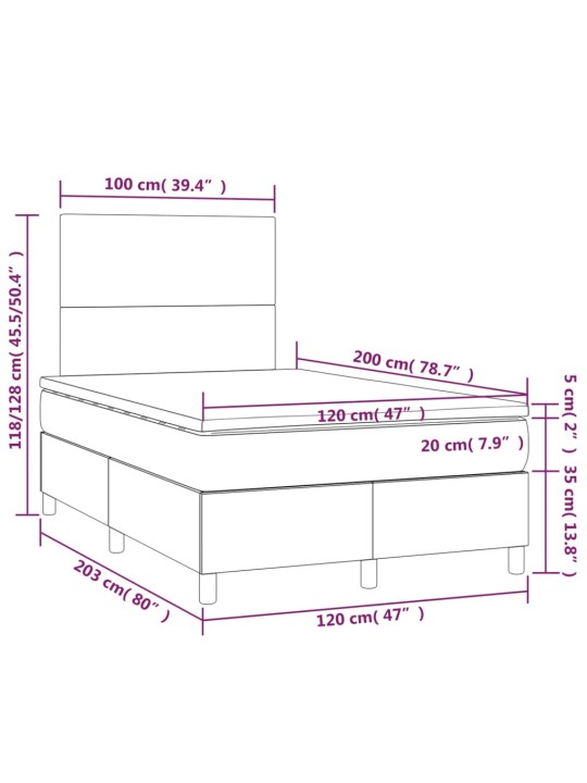Atsperu gulta ar matraci, led, melns audums, 120x200 cm