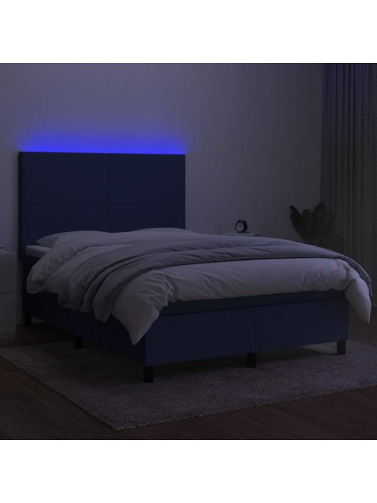 Atsperu gulta ar matraci, LED, zils audums, 140x190 cm