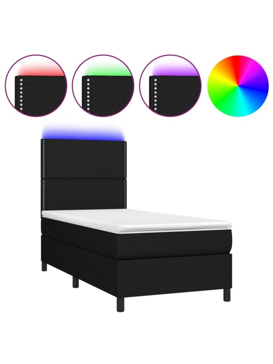 Atsperu gulta ar matraci, LED, melns audums, 90x190 cm