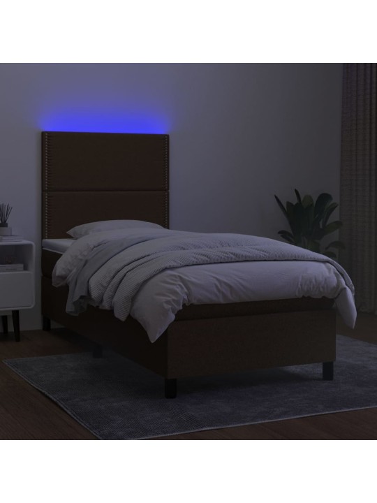 Atsperu gulta ar matraci, LED, tumši brūns audums, 100x200 cm