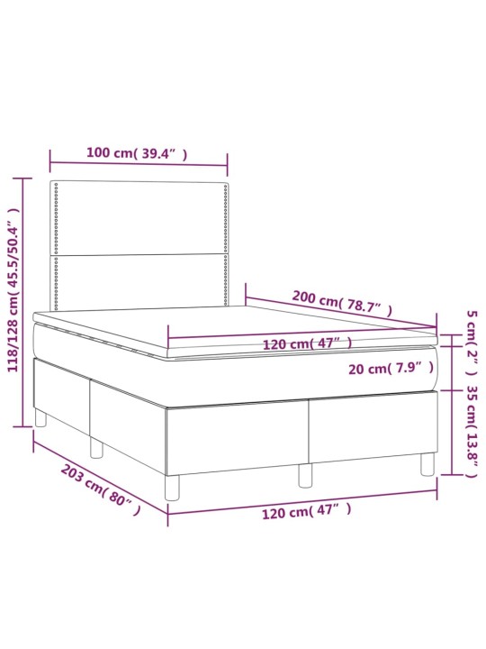 Atsperu gulta ar matraci, led, melns audums, 120x200 cm
