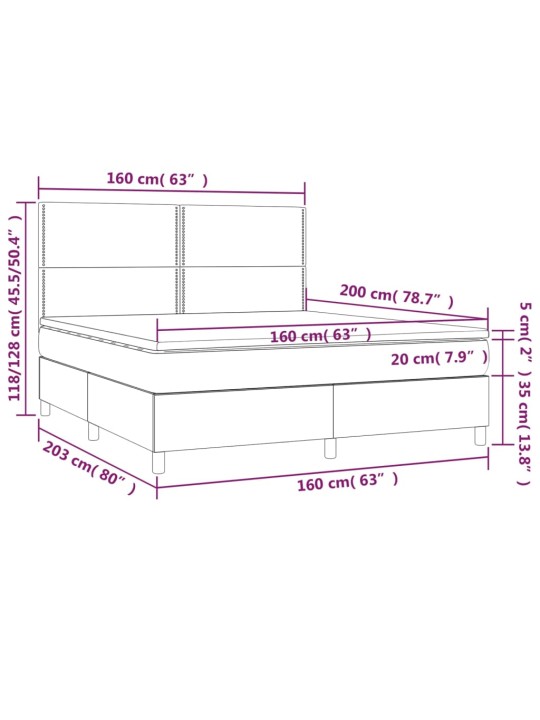 Atsperu gulta ar matraci, led, melns audums, 160x200 cm