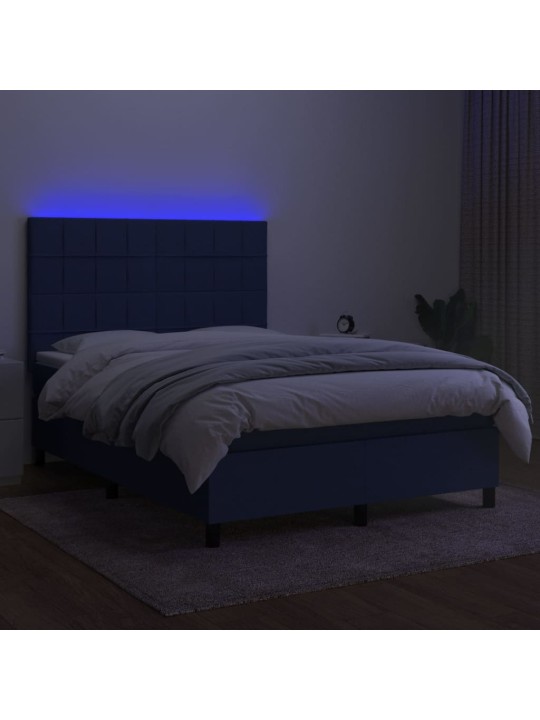 Atsperu gulta ar matraci, LED, zils audums, 140x190 cm