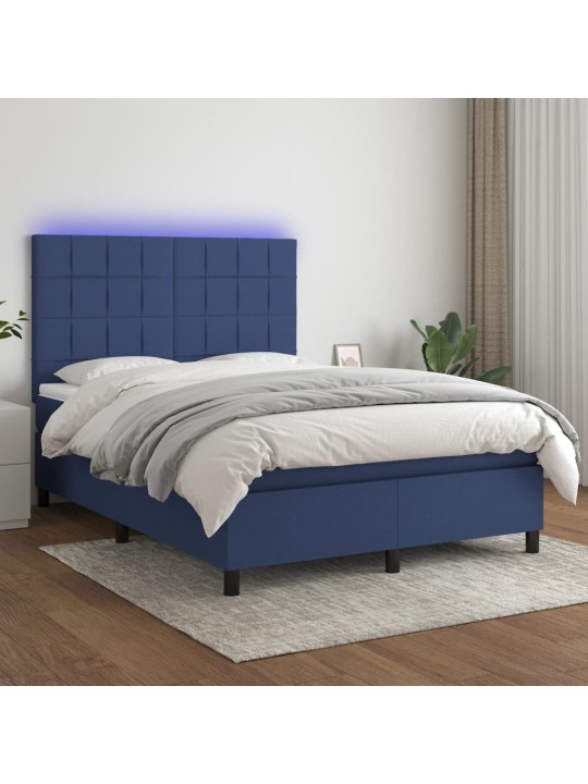 Atsperu gulta ar matraci, LED, zils audums, 140x190 cm