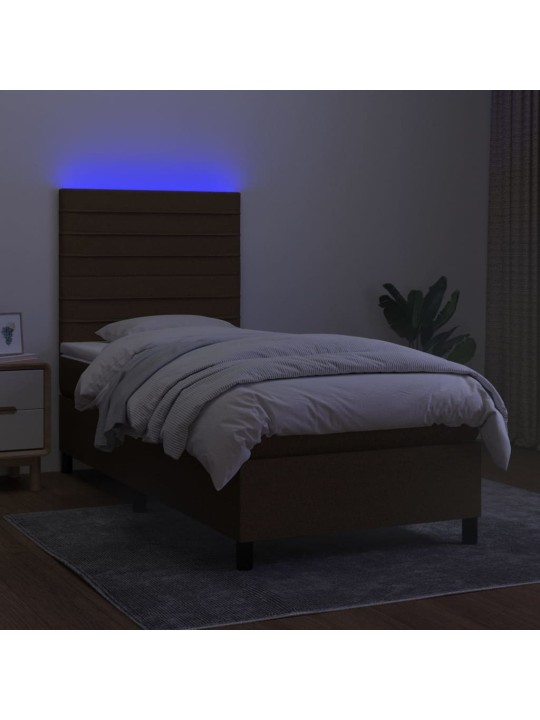 Atsperu gulta ar matraci, LED, tumši brūns audums, 90x200 cm