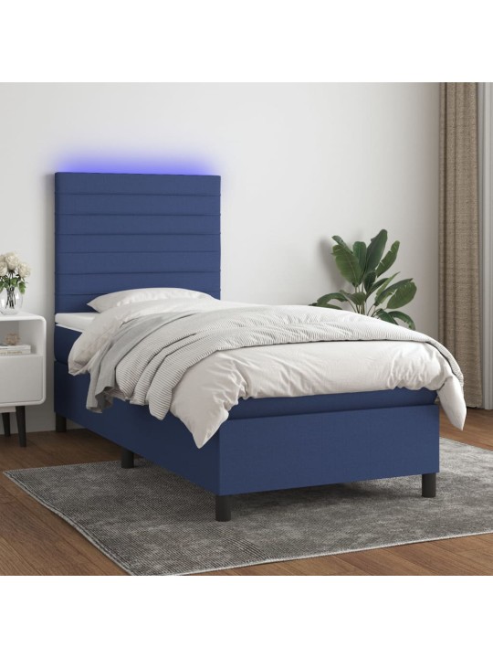Atsperu gulta ar matraci, LED, zils audums, 90x200 cm