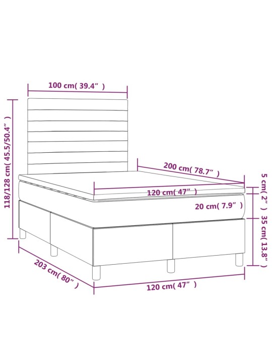 Atsperu gulta ar matraci, led, melns audums, 120x200 cm