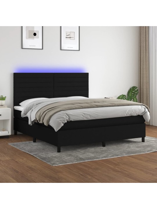 Atsperu gulta ar matraci, LED, melns audums, 180x200 cm