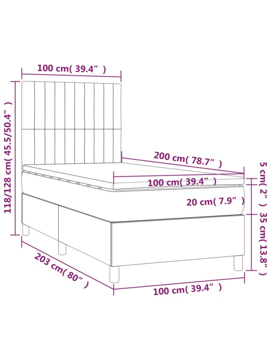 Atsperu gulta ar matraci, LED, zils audums, 100x200 cm