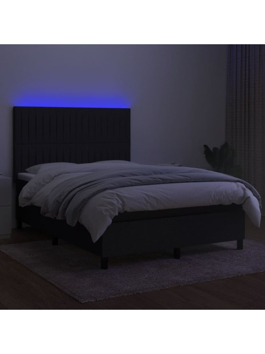 Atsperu gulta ar matraci, led, melns audums, 140x200 cm