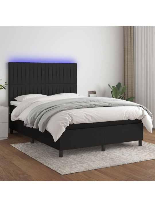 Atsperu gulta ar matraci, led, melns audums, 140x200 cm