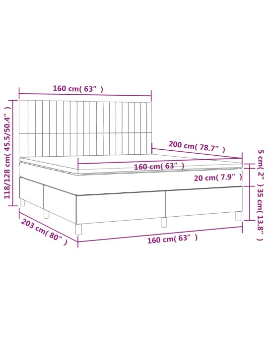 Atsperu gulta ar matraci, led, melns audums, 160x200 cm