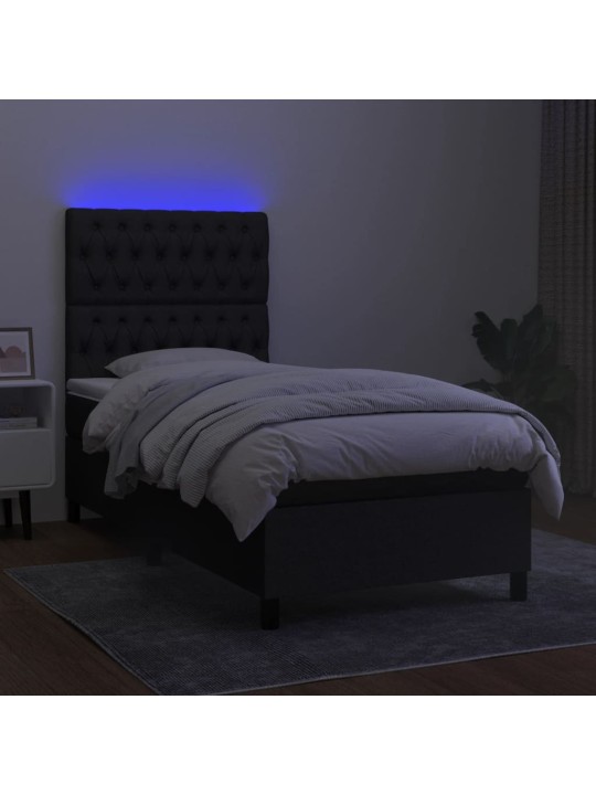 Atsperu gulta ar matraci, LED, melns audums, 90x190 cm