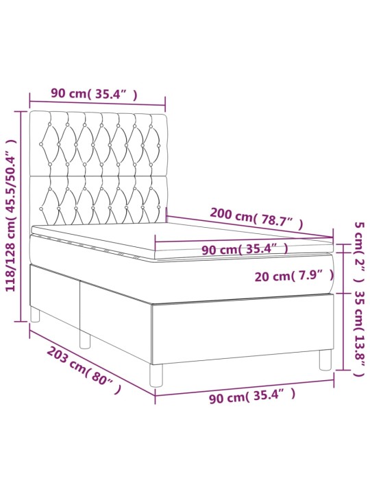 Atsperu gulta ar matraci, LED, melns audums, 90x200 cm