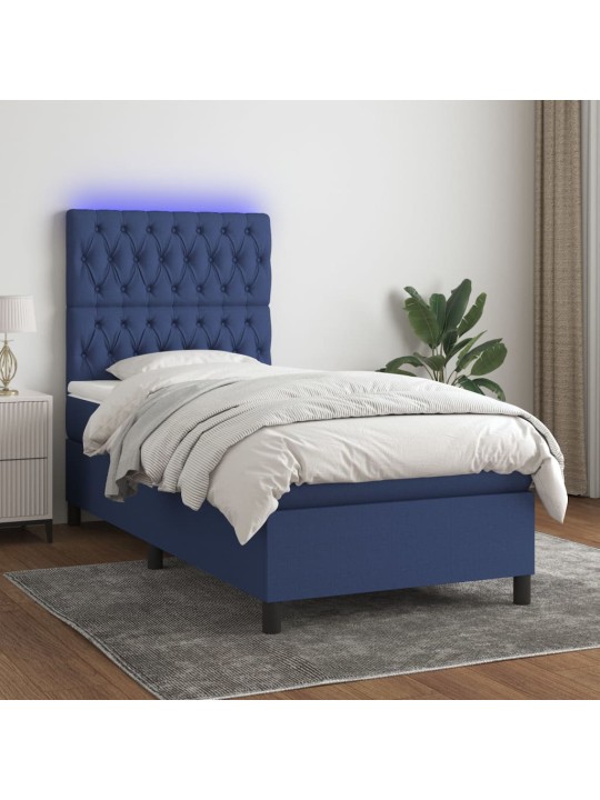Atsperu gulta ar matraci, LED, zils audums, 90x200 cm