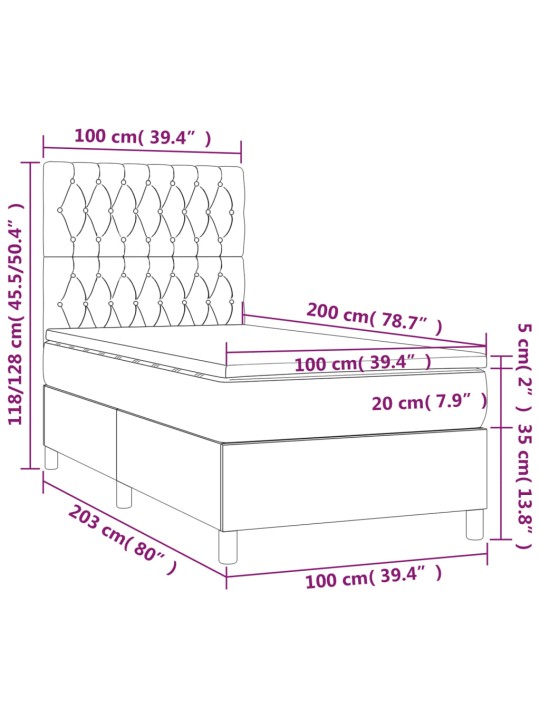Atsperu gulta ar matraci, led, melns audums, 100x200 cm
