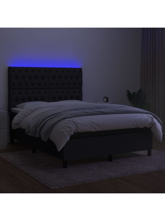 Atsperu gulta ar matraci, led, melns audums, 140x200 cm