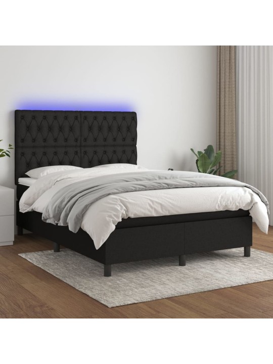 Atsperu gulta ar matraci, led, melns audums, 140x200 cm