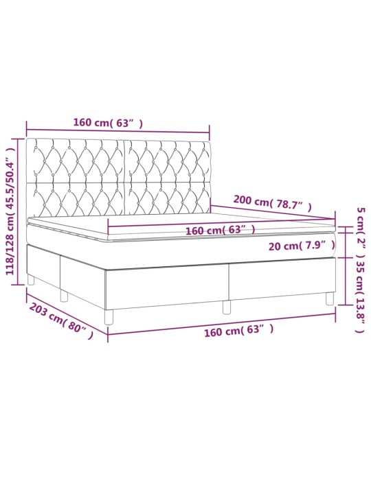 Atsperu gulta ar matraci, led, melns audums, 160x200 cm