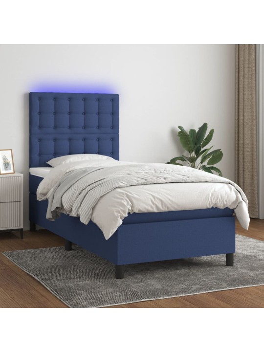 Atsperu gulta ar matraci, LED, zils audums, 90x200 cm