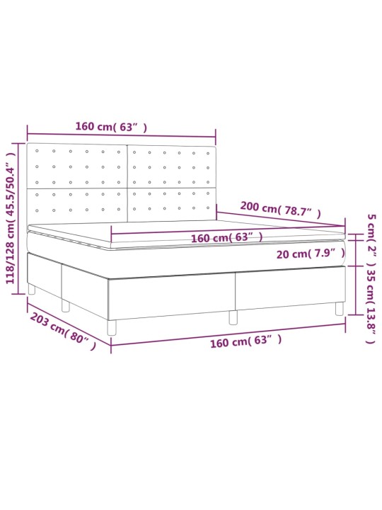 Atsperu gulta ar matraci, led, melns audums, 160x200 cm