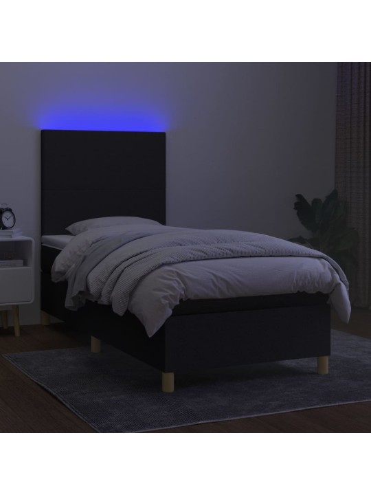 Atsperu gulta ar matraci, LED, melns audums, 90x190 cm