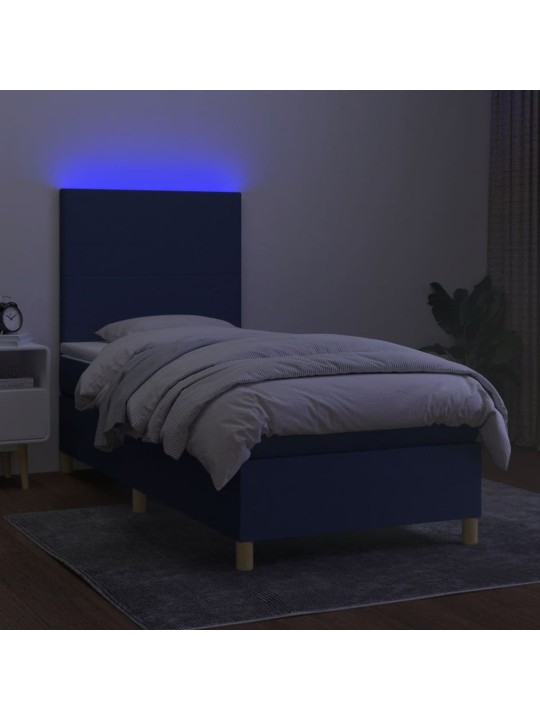 Atsperu gulta ar matraci, LED, zils audums, 90x190 cm