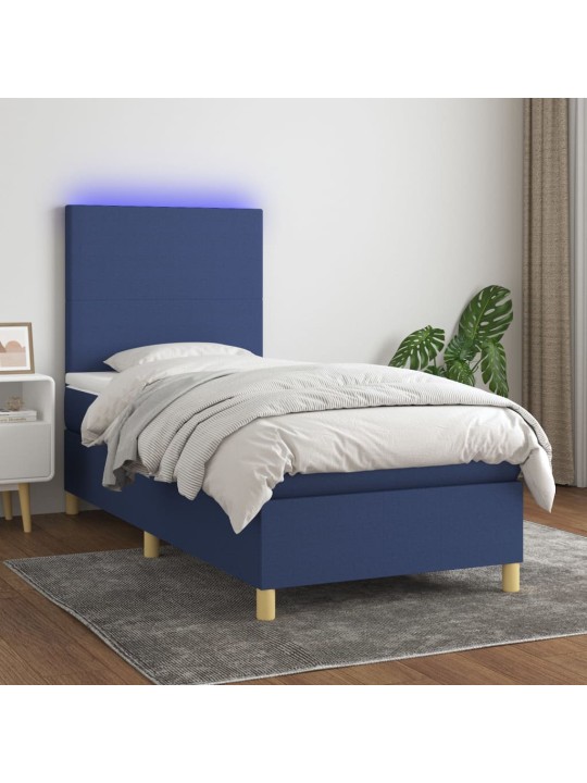 Atsperu gulta ar matraci, LED, zils audums, 90x190 cm