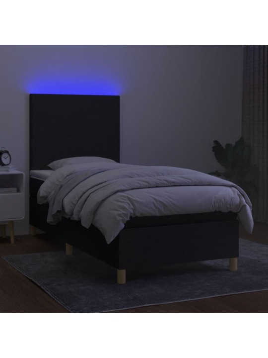 Atsperu gulta ar matraci, LED, melns audums, 90x200 cm